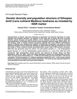 Genetic Diversity and Population Structure of Ethiopian Lentil (Lens Culinaris Medikus) Landraces As Revealed by ISSR Marker