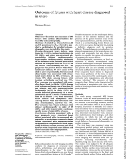 Outcome of Fetuses with Heart Disease Diagnosed in Utero