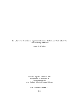 The Labor of the Avant-Garde: Experimental Form and the Politics of Work in Post-War American Poetry and Fiction