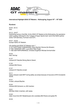 International Highlight ADAC GT Masters – Nürburgring, August 14Th – 16Th 2020 Rundown 00:00