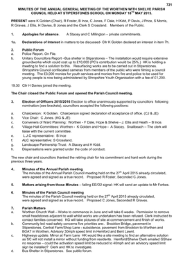 721 Minutes of the Annual General Meeting of the Worthen with Shelve Parish Council Held at Stiperstones School on Monday 18Th May 2015