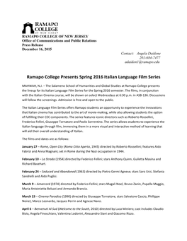 Ramapo College Presents Spring 2016 Italian Language Film Series