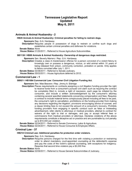 Tennessee Legislative Report Updated May 6, 2011