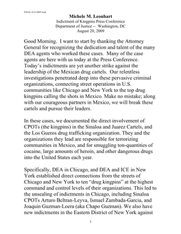 Good Morning. I Want to Start by Thanking the Attorney General for Recognizing the Dedication and Talent of the Many DEA Agents Who Worked These Cases