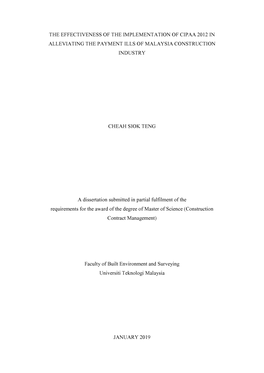 The Effectiveness of the Implementation of Cipaa 2012 in Alleviating the Payment Ills of Malaysia Construction Industry