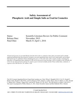 Safety Assessment of Phosphoric Acid and Simple Salts As Used in Cosmetics