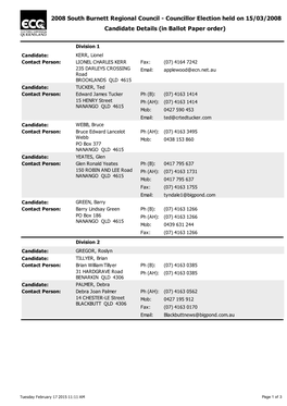 2008 South Burnett Regional Council - Councillor Election Held on 15/03/2008 Candidate Details (In Ballot Paper Order)