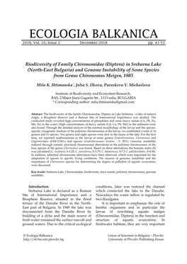 Biodiversity of Family Chironomidae (Diptera) in Srebarna Lake (North-East Bulgaria) and Genome Instability of Some Species from Genus Chironomus Meigen, 1803