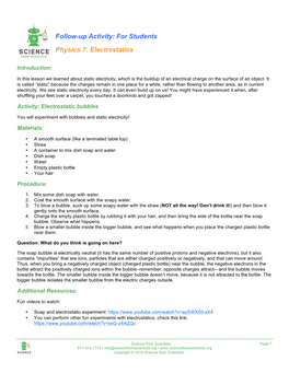 Follow-Up Activity: for Students Physics 7: Electrostatics