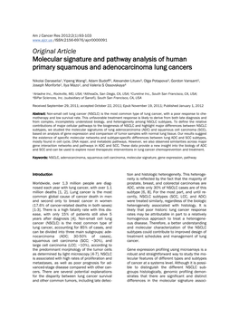 Original Article Molecular Signature and Pathway Analysis of Human Primary Squamous and Adenocarcinoma Lung Cancers