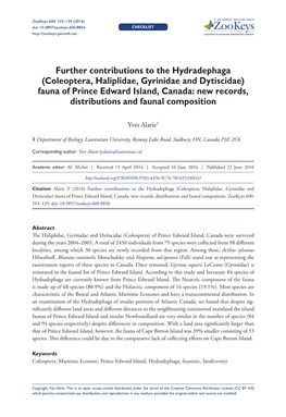 (Coleoptera, Haliplidae, Gyrinidae and Dytiscidae) Fauna of Prince Edward Island, Canada: New Records, Distributions and Faunal Composition