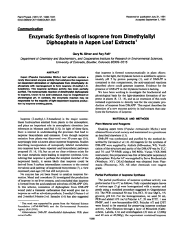 Enzymatic Synthesis of Isoprene from Dimethylallyl Diphosphate in Aspen Leaf Extracts1