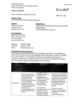 510(K) Submission Page 62 of 95 Waters Masstrak Immunosuppressants Kit Waters Corporation 510(K) SUMMARY