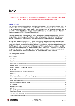 Introduction This Document Contains Country Specific Information from the 2013 Don’T Bank on the Bomb Report