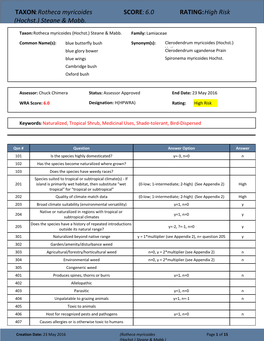 Rotheca Myricoides SCORE: 6.0 RATING: High Risk (Hochst.) Steane & Mabb