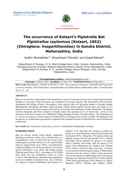 The Occurrence of Kelaart's Pipistrelle Bat Pipistrellus Ceylonicus