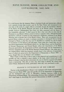 Hans Sloane, Book Collector and Cataloguer, 1682-1698