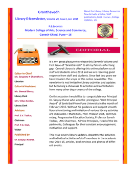 Granthavedh New Arrivals, Articles , Staff Publications, Book Reviews , College Library E-Newsletter, Volume VII, Issue I, Jan 2015 Updates, Etc