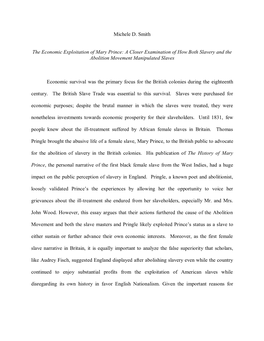 Michele D. Smith the Economic Exploitation of Mary Prince: a Closer Examination of How Both Slavery and the Abolition Movement M