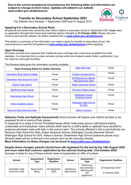 Transfer to Secondary School Autumn Term Information Sheet 2021