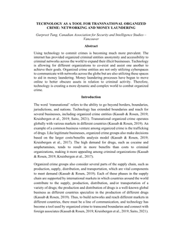 TECHNOLOGY AS a TOOL for TRANSNATIONAL ORGANIZED CRIME: NETWORKING and MONEY LAUNDERING Gurpreet Tung, Canadian Association