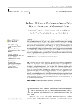 Isolated Unilateral Oculomotor Nerve Palsy Due to Hematoma in Mesencephalone