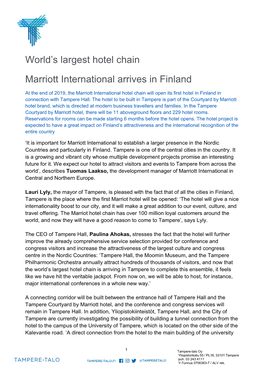 World's Largest Hotel Chain Marriott International Arrives in Finland