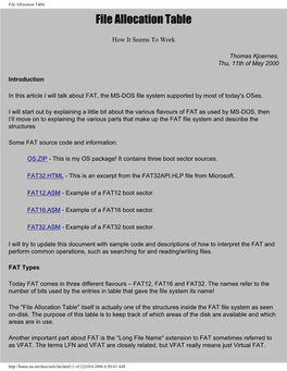 File Allocation Table File Allocation Table