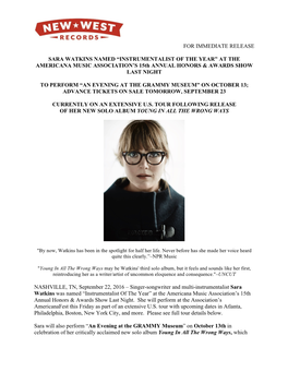 For Immediate Release Sara Watkins Named