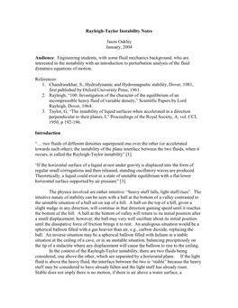 Rayleigh-Taylor Instability Notes Jason Oakley January, 2004 Audience: Engineering Students, with Some Fluid Mechanics Backgrou