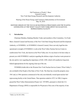 Full Testimony of Noah C. Shaw General Counsel New York State Energy Research and Development Authority