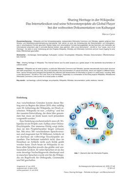 Sharing Heritage in Der Wikipedia: Das Internetlexikon Und Seine Schwesterprojekte Als Global Player Bei Der Weltweiten Dokumentation Von Kulturgut