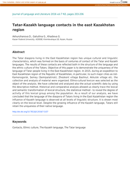 Tatar-Kazakh Language Contacts in the East Kazakhstan Region