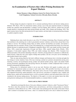 An Examination of Factors That Affect Pricing Decisions for Export Markets