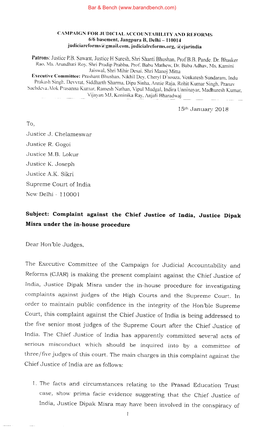 Subject: Complaint Against the Chief Justice of India, Just,Ice Dipak Misra Under the In-House Procedure