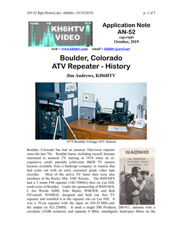 Boulder, Colorado ATV Repeater - History Jim Andrews, KH6HTV