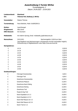 Ausschreibung C Turnier Wirfus Turnierkategorie: C Datum: 24.04.2021 - 25.04.2021