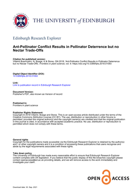 Ant-Pollinator Conflict Results in Pollinator Deterrence but No Nectar Trade-Offs', Frontiers in Plant Science, Vol