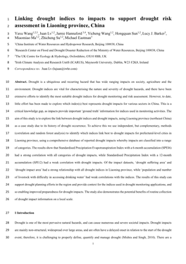 Linking Drought Indices to Impacts to Support Drought Risk Assessment in Liaoning Province, China