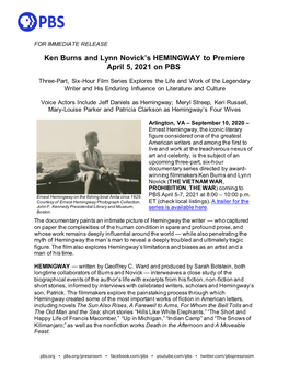 Ken Burns and Lynn Novick's HEMINGWAY to Premiere April 5