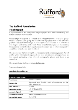 The Rufford Foundation Final Report Congratulations on the Completion of Your Project That Was Supported by the Rufford Small Grants Foundation