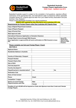 Basketball Australia Foreign Players Application Form Other Visas – Updated July 2014