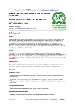 Non-Invasive Ventilation in the Intensive Care Unit Anaesthesia