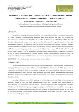 Diversity, Structure and Composition of Scale Insects Populations (Homoptera: Coccoidea) on Citrus in Kabylia, Algeria