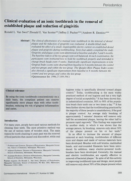 Clinical Evaluation of an Ionic Toothbrush in the Removal of Established Plaqne and Reduction of Gingivitis