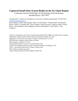 Captured Small Solar System Bodies in the Ice Giant Region Community Science White Paper for the Planetary and Astrobiology Decadal Survey, 2023-2032