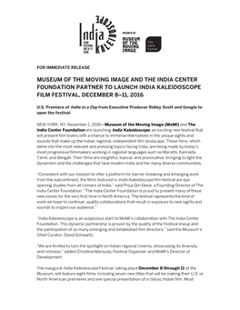 Museum of the Moving Image and the India Center Foundation Partner to Launch India Kaleidoscope Film Festival, December 8–11, 2016