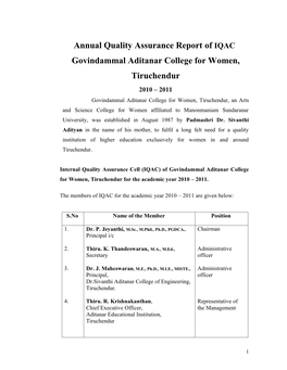 Annual Quality Assurance Report of IQAC Govindammal Aditanar College for Women, Tiruchendur