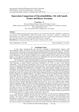 Innovation Comparison of Glaxosmithkline, UK with Sanofi, France and Bayer, Germany