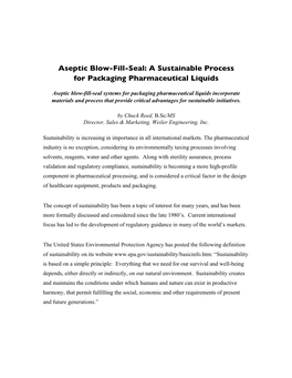 Aseptic Blow-Fill-Seal: a Sustainable Process for Packaging Pharmaceutical Liquids